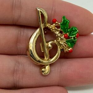 Vtg Gold Enamel Music Pin Treble Clef Christmas Taiwan Gold Red Green